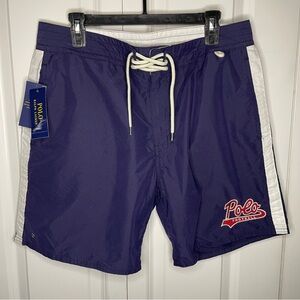 NWT Polo Ralph Lauren Football Swim Trunks Size 34” Navy Blue Mens 7” Inseam New
